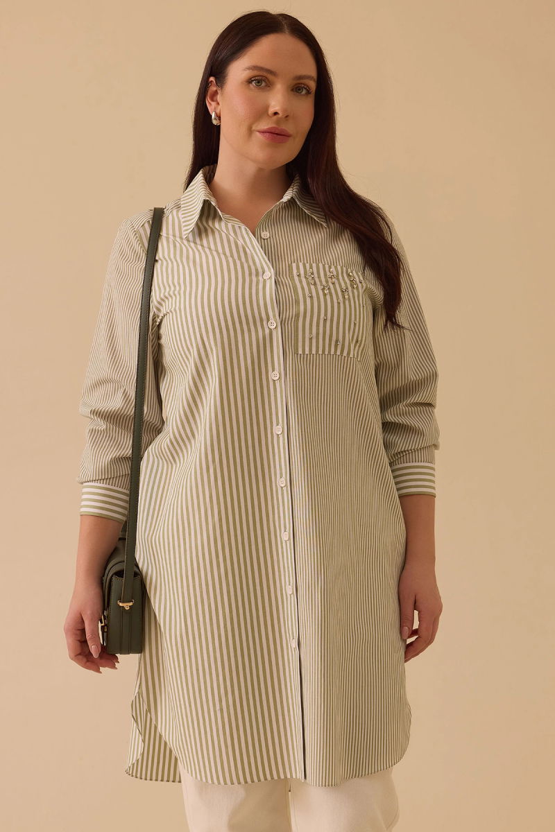 Galaxi Kadın Büyük Beden Çizgili Cep Detaylı Tunik 4014 Yeşil - 2