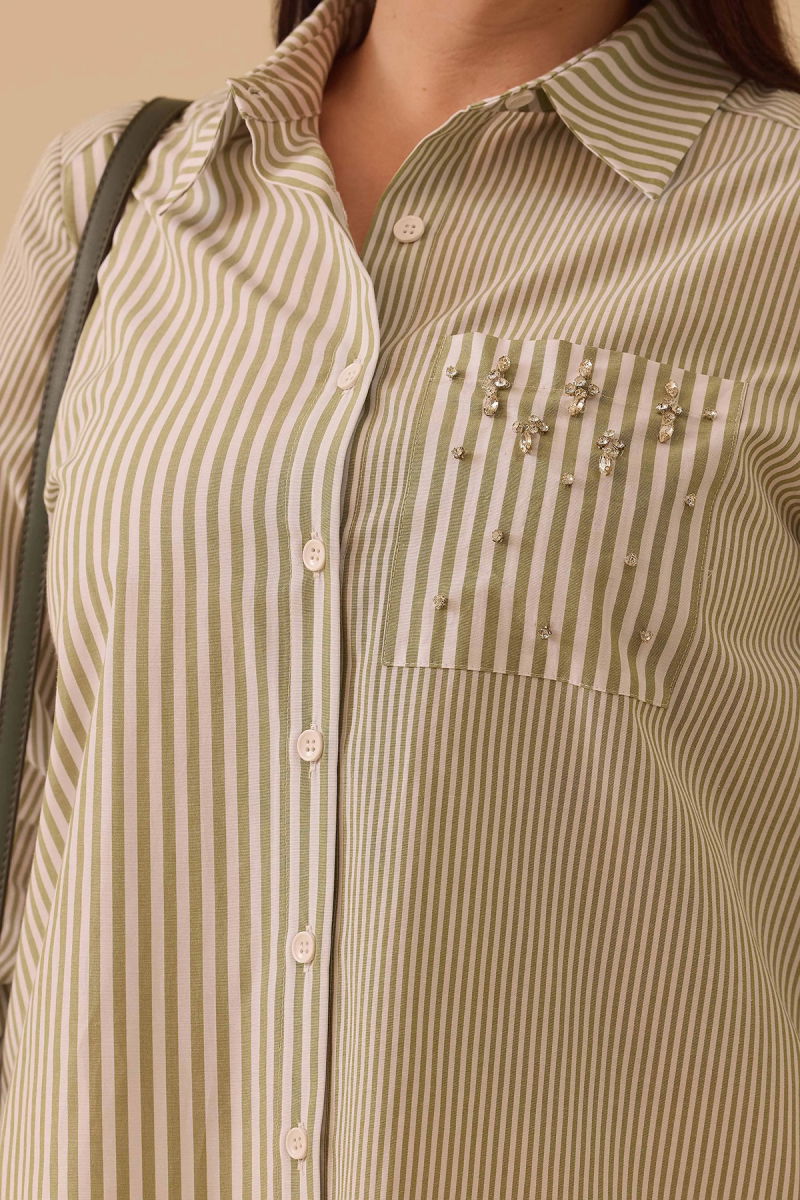 Galaxi Kadın Büyük Beden Çizgili Cep Detaylı Tunik 4014 Yeşil - 3