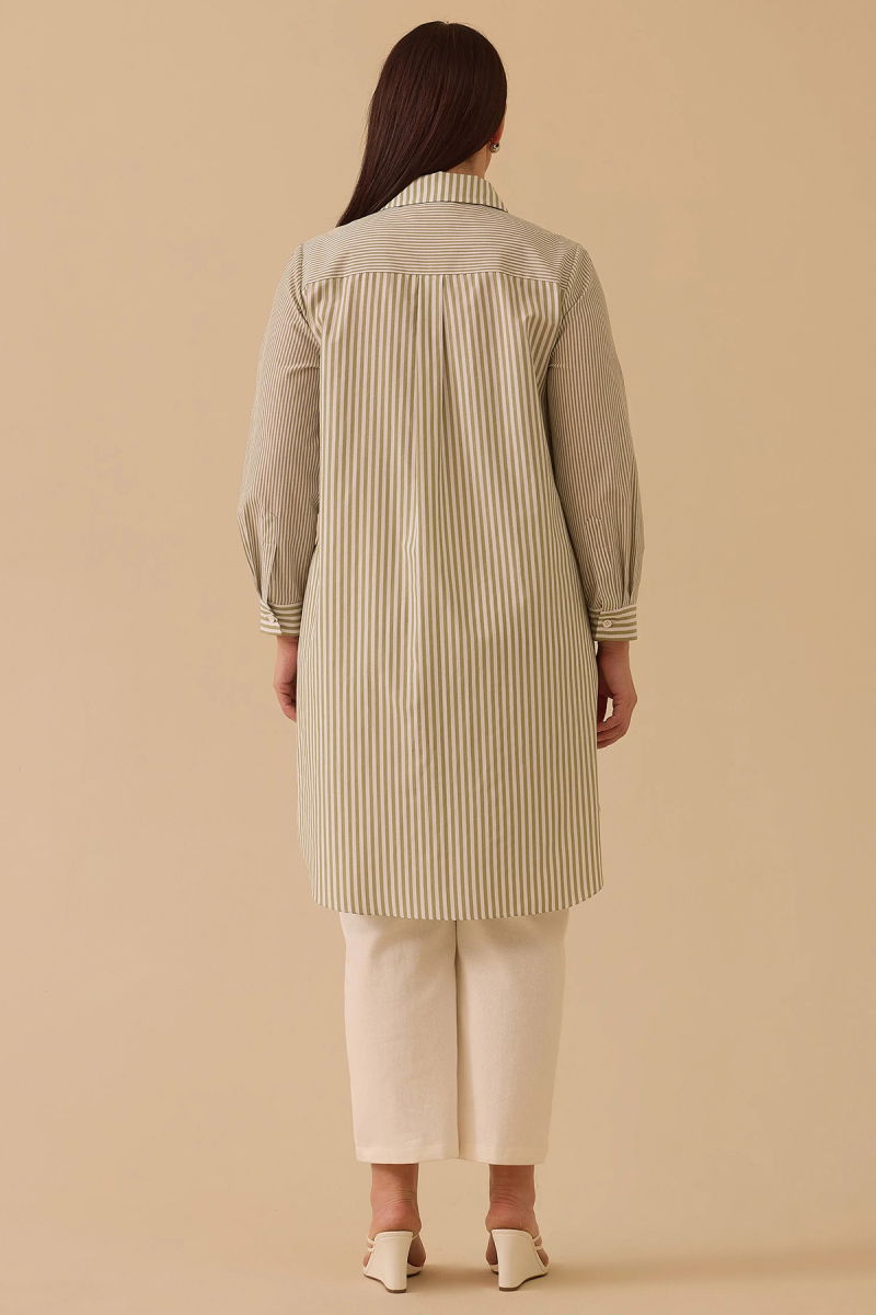 Galaxi Kadın Büyük Beden Çizgili Cep Detaylı Tunik 4014 Yeşil - 4