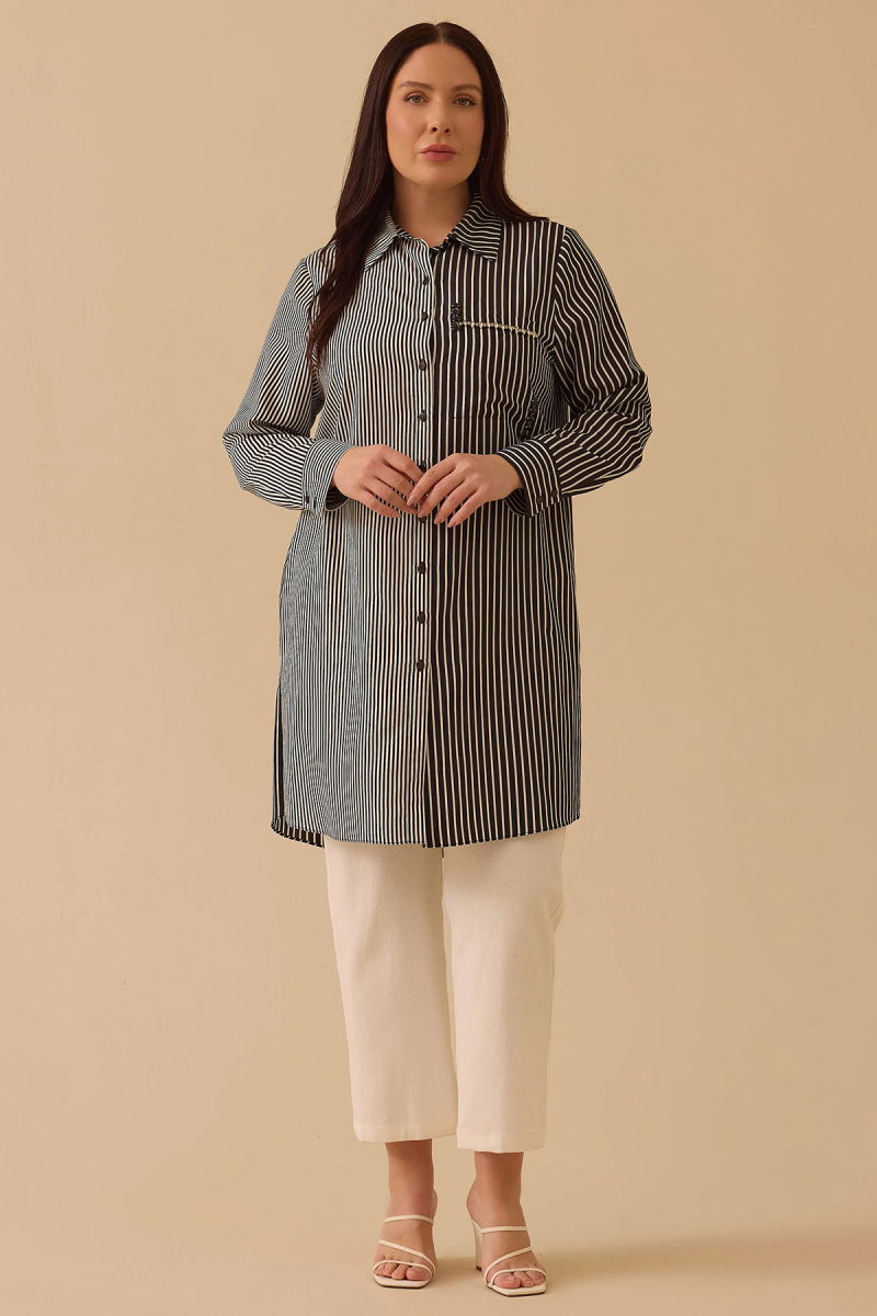 Galaxi Kadın Büyük Beden Çizgili Taş Detaylı Tunik 4003 Siyah - Galaxi