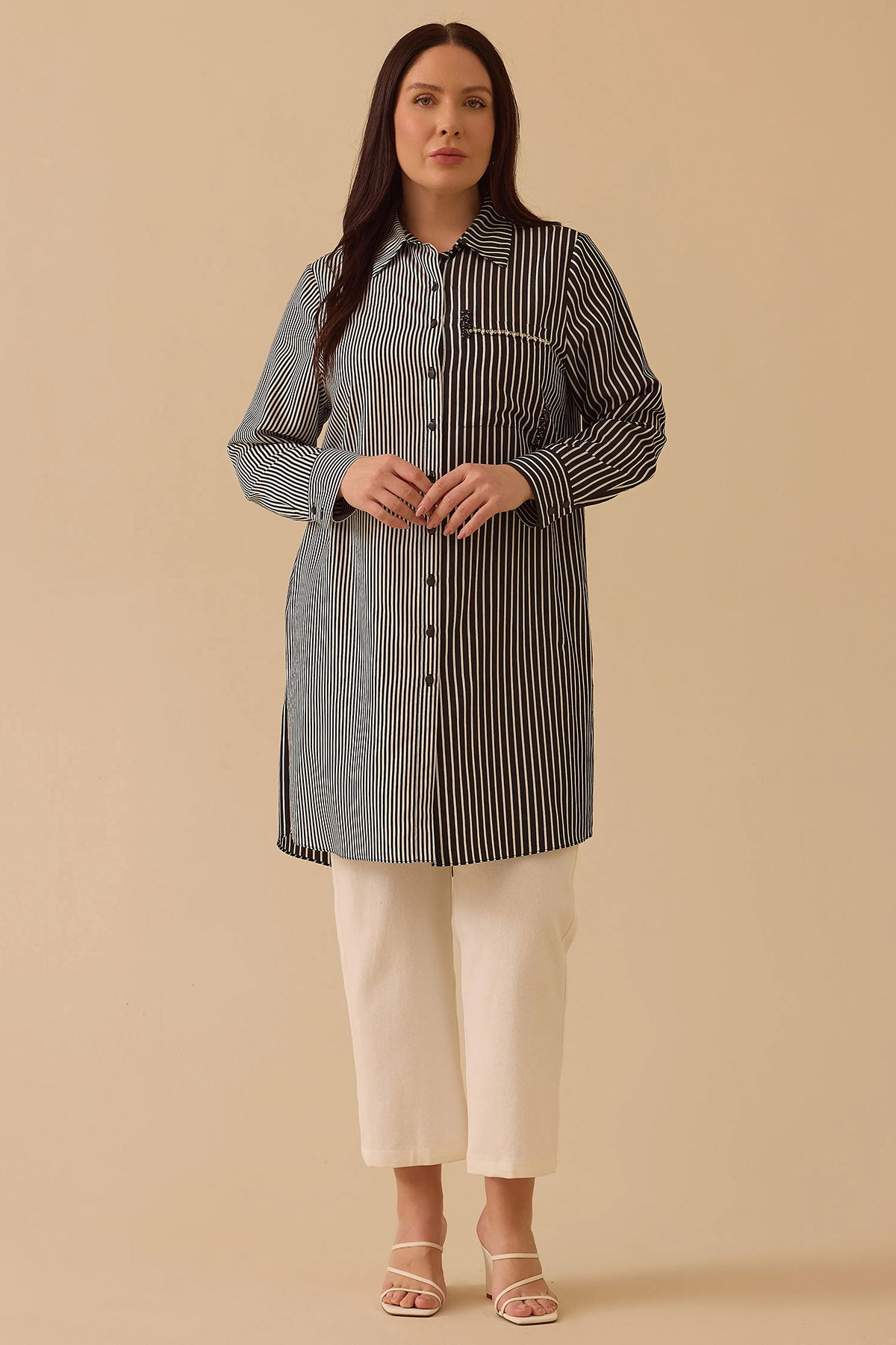 Galaxi Kadın Büyük Beden Çizgili Taş Detaylı Tunik 4003 Siyah - 1