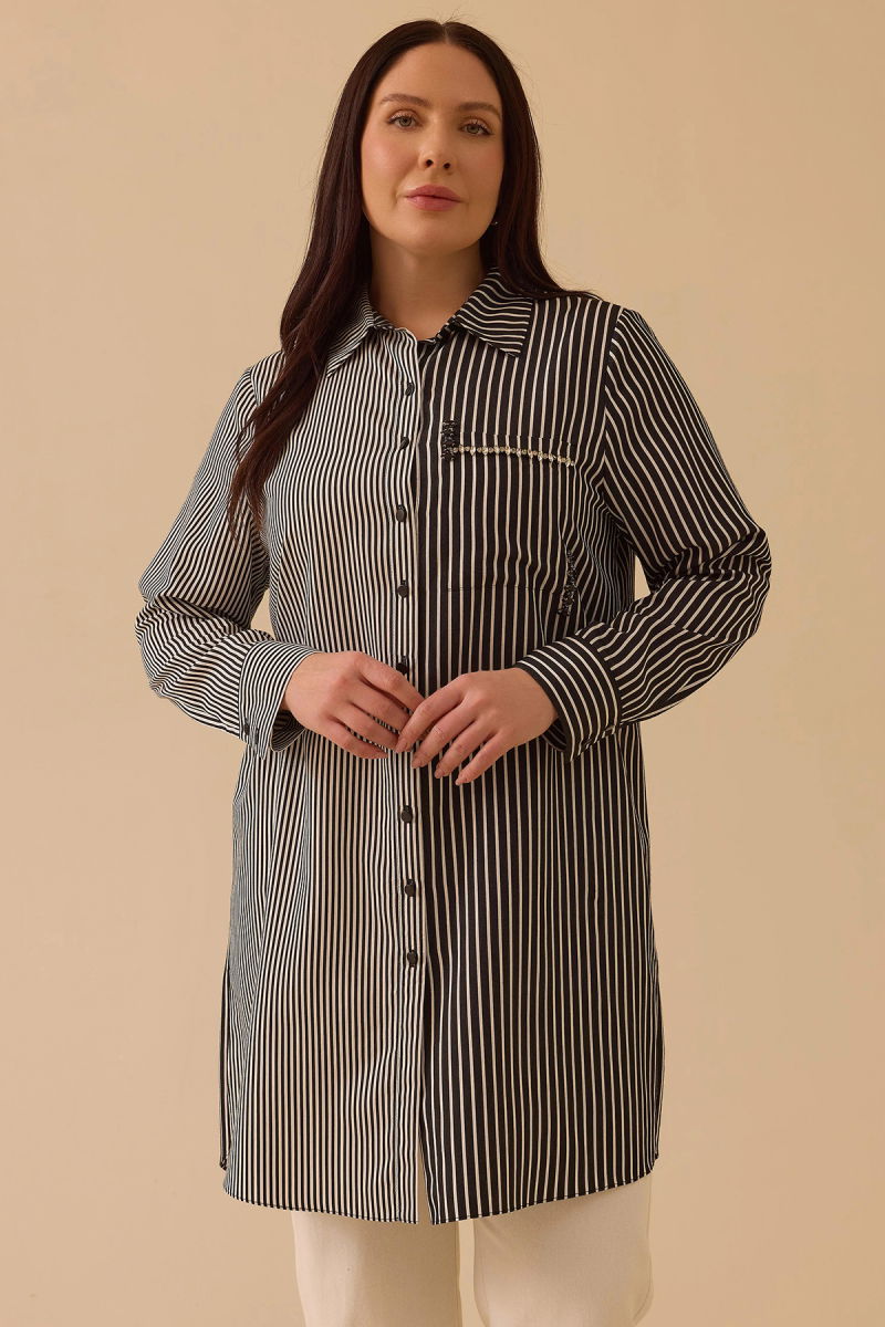 Galaxi Kadın Büyük Beden Çizgili Taş Detaylı Tunik 4003 Siyah - 2