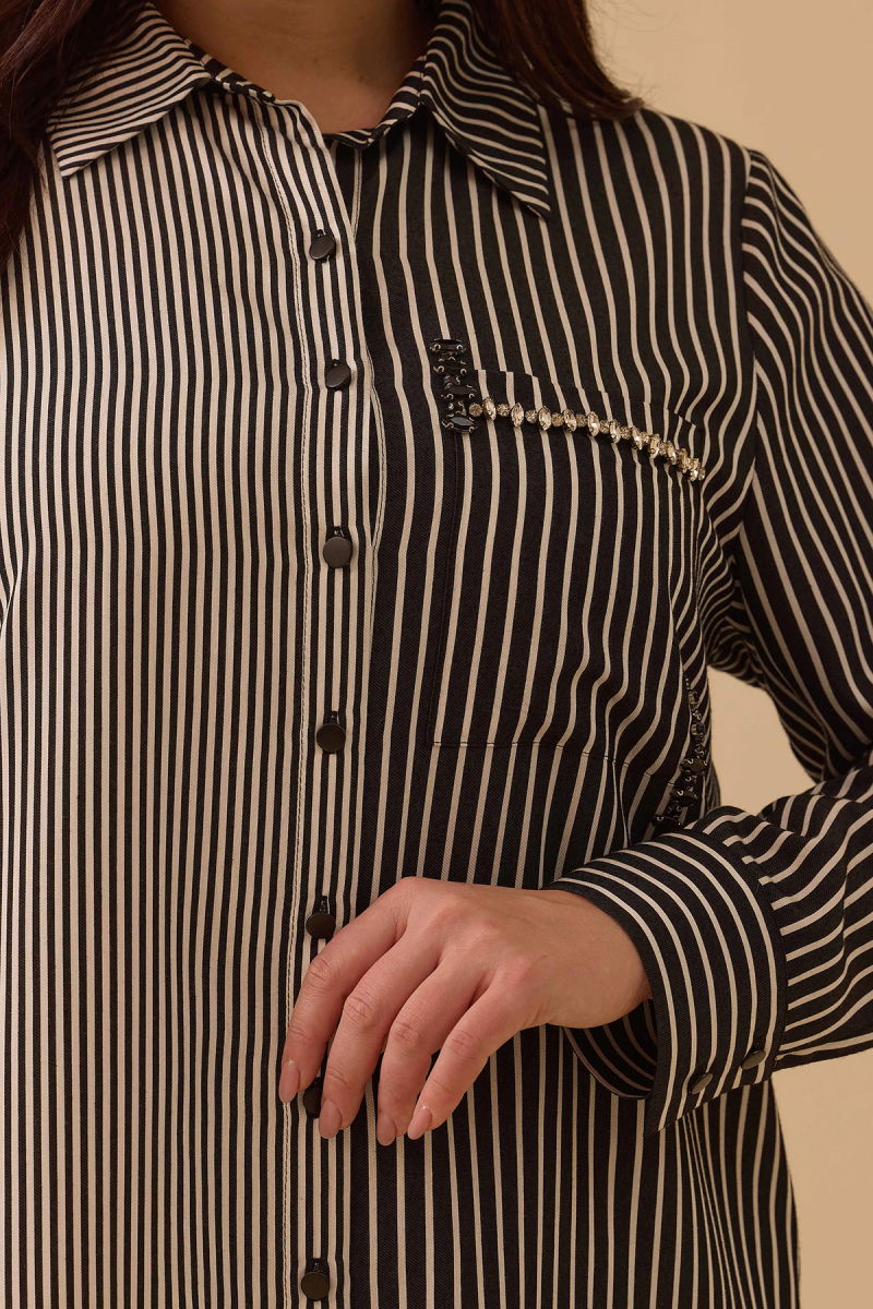 Galaxi Kadın Büyük Beden Çizgili Taş Detaylı Tunik 4003 Siyah - 3