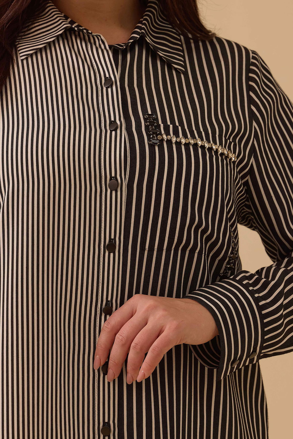 Galaxi Kadın Büyük Beden Çizgili Taş Detaylı Tunik 4003 Siyah - 3