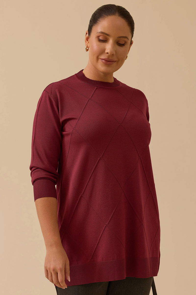 Galaxi Kadın Büyük Beden Desenli Basic Triko Tunik 4008 Bordo - 2