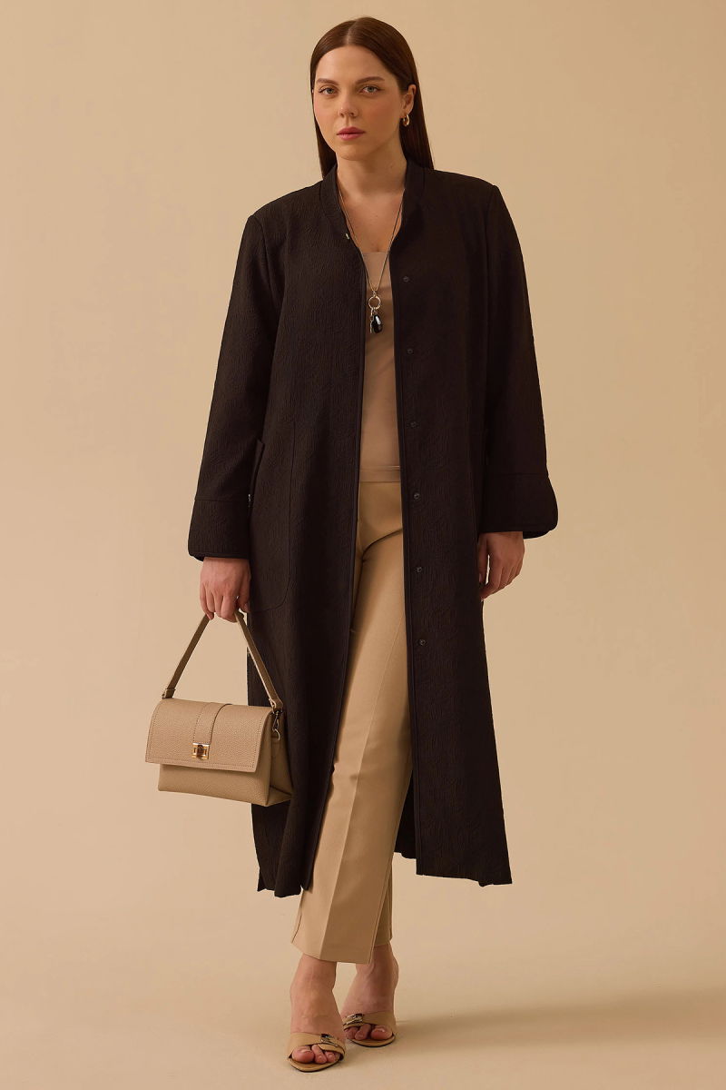 Galaxi Kadın Büyük Beden Desenli Cepli Pardesü 4001 Siyah - Galaxi