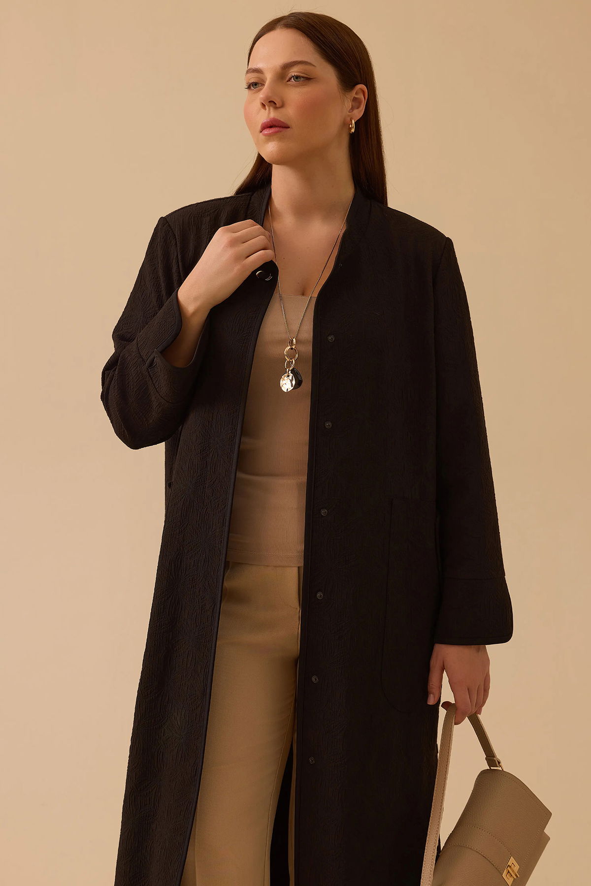 Galaxi Kadın Büyük Beden Desenli Cepli Pardesü 4001 Siyah - 2