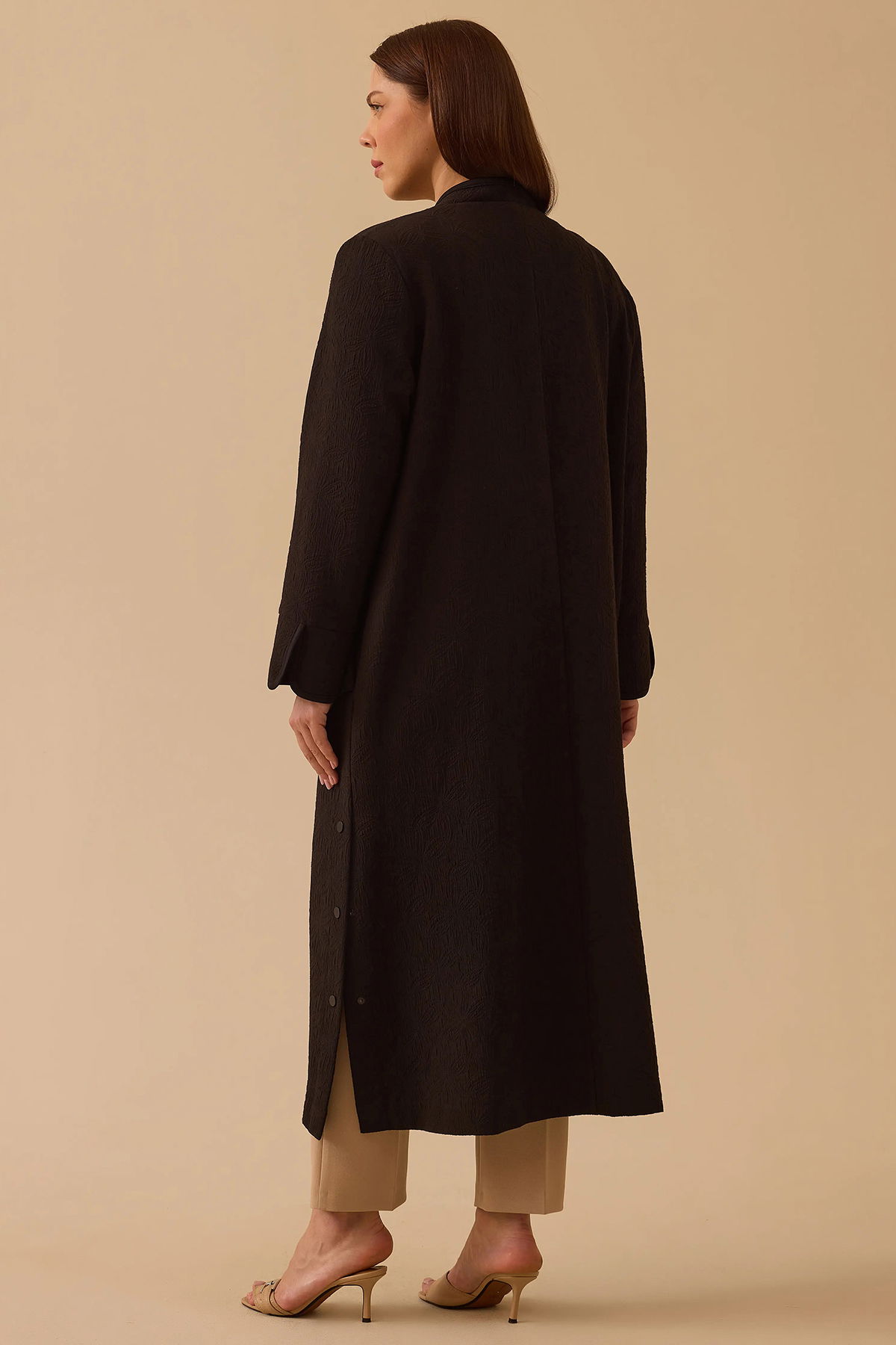 Galaxi Kadın Büyük Beden Desenli Cepli Pardesü 4001 Siyah - 4