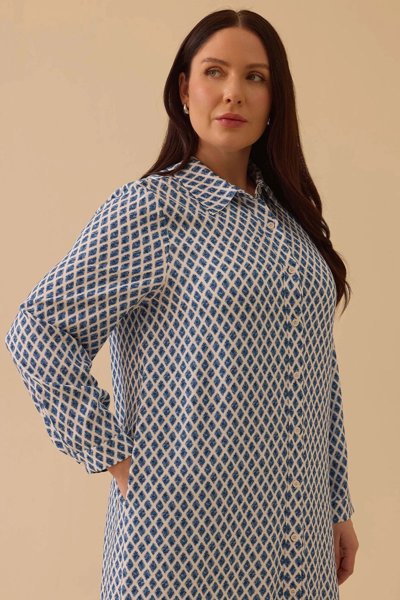 Galaxi Kadın Büyük Beden Desenli Cepli Tunik 4012 Mavi - 3