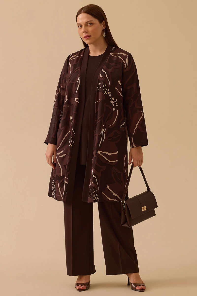 Galaxi Kadın Büyük Beden Desenli Hırkalı Takım 4002 Kahverengi - Galaxi