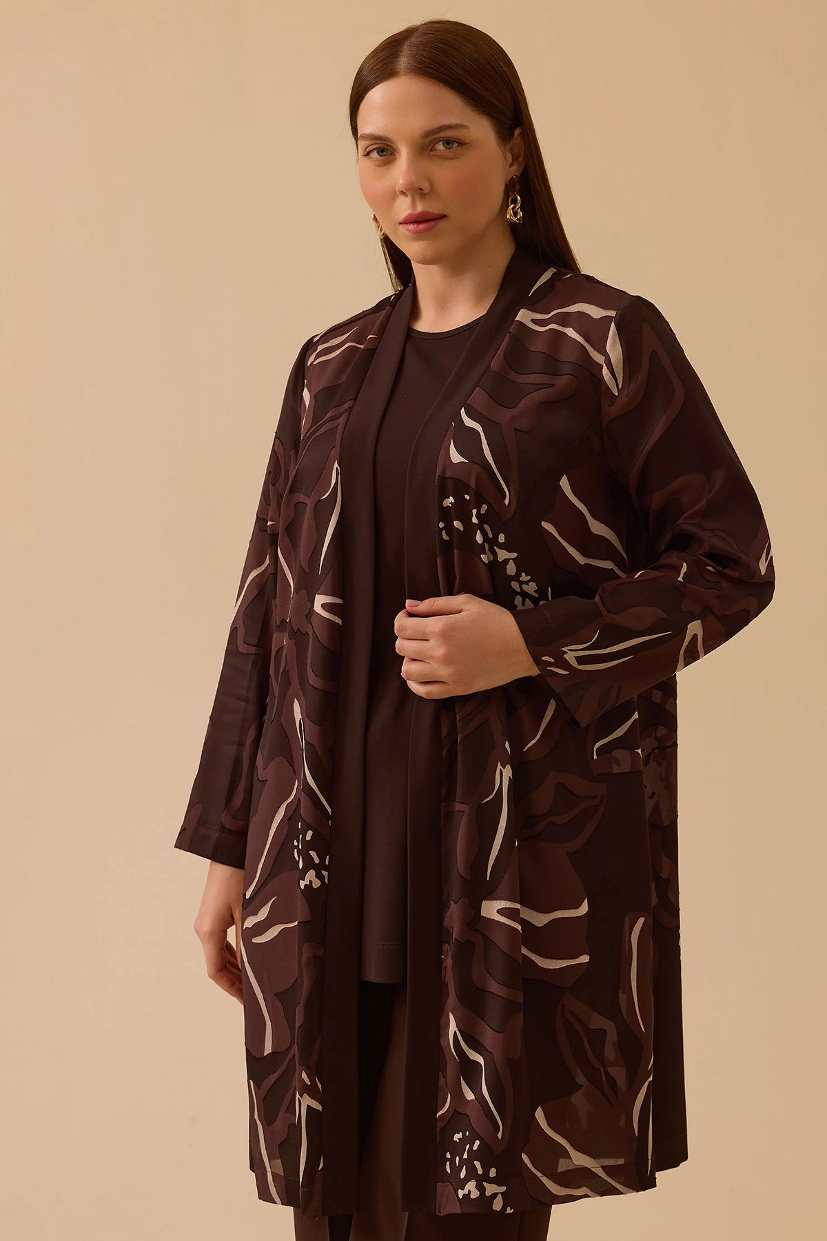 Galaxi Kadın Büyük Beden Desenli Hırkalı Takım 4002 Kahverengi - 2