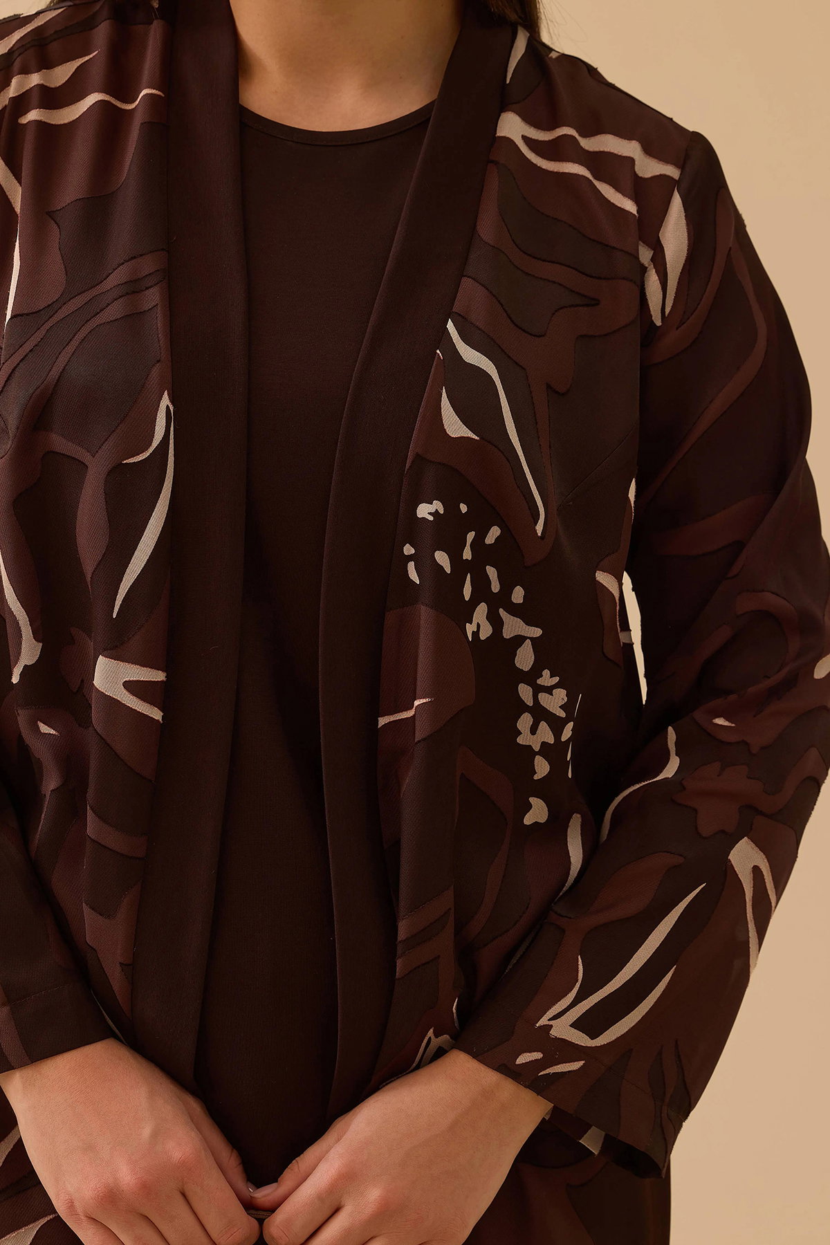 Galaxi Kadın Büyük Beden Desenli Hırkalı Takım 4002 Kahverengi - 3