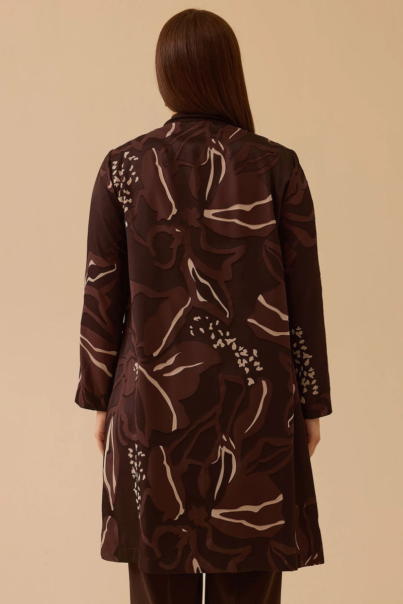 Galaxi Kadın Büyük Beden Desenli Hırkalı Takım 4002 Kahverengi - 4