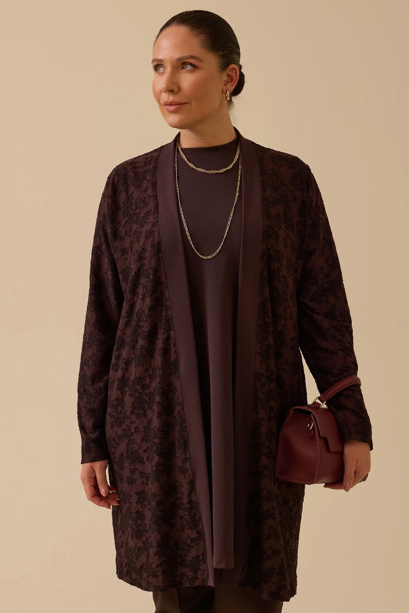 Galaxi Kadın Büyük Beden Desenli İç Bluzlu Takım 4003 Kahverengi - 2