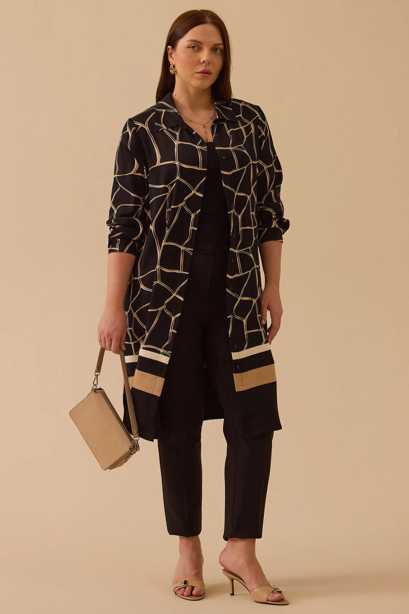 Galaxi Kadın Büyük Beden Desenli Uzun Kollu Tunik 4001 Siyah - Galaxi