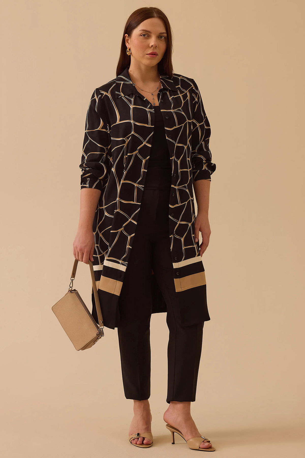 Galaxi Kadın Büyük Beden Desenli Uzun Kollu Tunik 4001 Siyah - 1