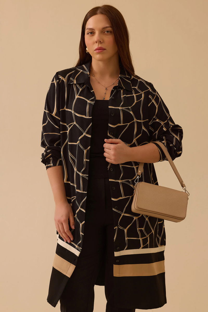 Galaxi Kadın Büyük Beden Desenli Uzun Kollu Tunik 4001 Siyah - 2