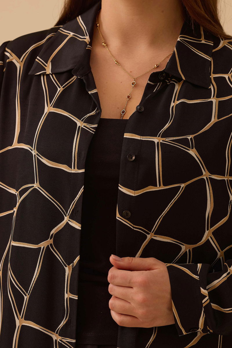 Galaxi Kadın Büyük Beden Desenli Uzun Kollu Tunik 4001 Siyah - 3