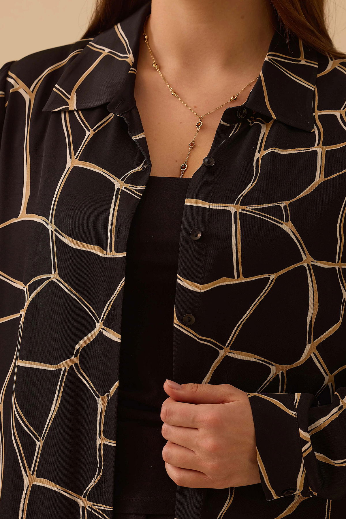 Galaxi Kadın Büyük Beden Desenli Uzun Kollu Tunik 4001 Siyah - 3