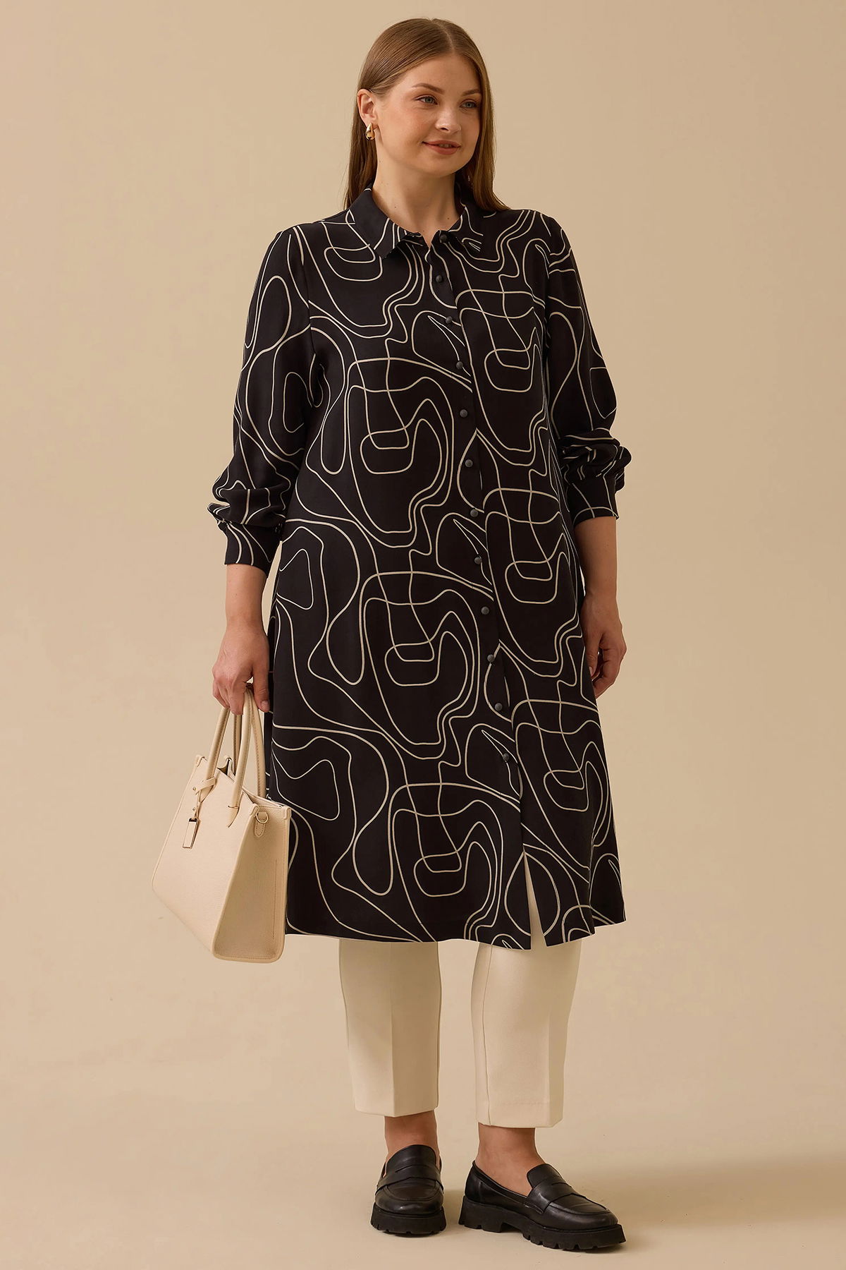 Galaxi Kadın Büyük Beden Desenli Uzun Tunik 4006 Siyah - 1