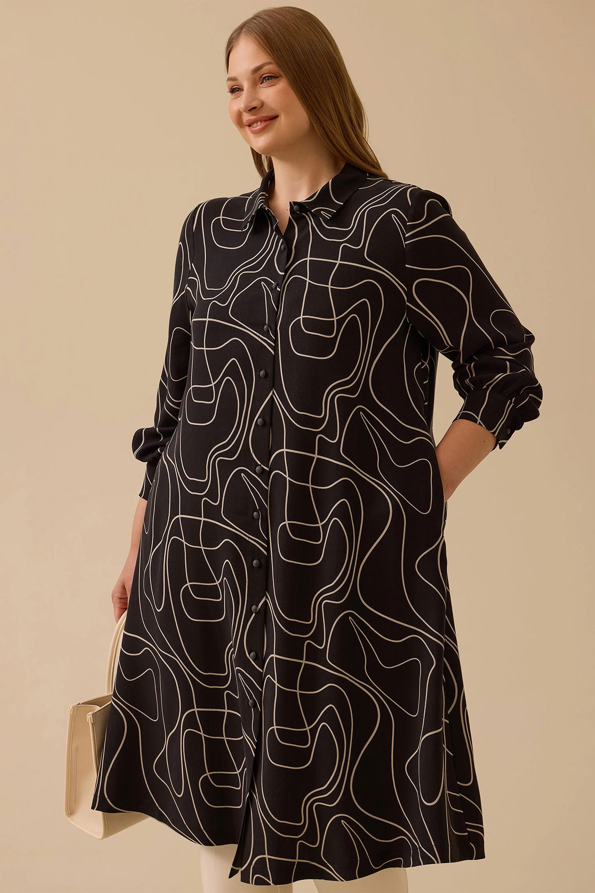 Galaxi Kadın Büyük Beden Desenli Uzun Tunik 4006 Siyah - 2