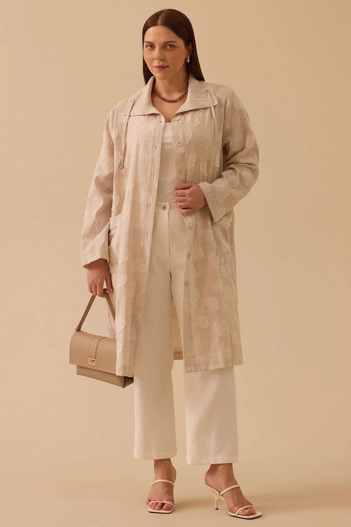 Galaxi Kadın Büyük Beden Devrik Yaka Keten Kap 4009 Bej - 1