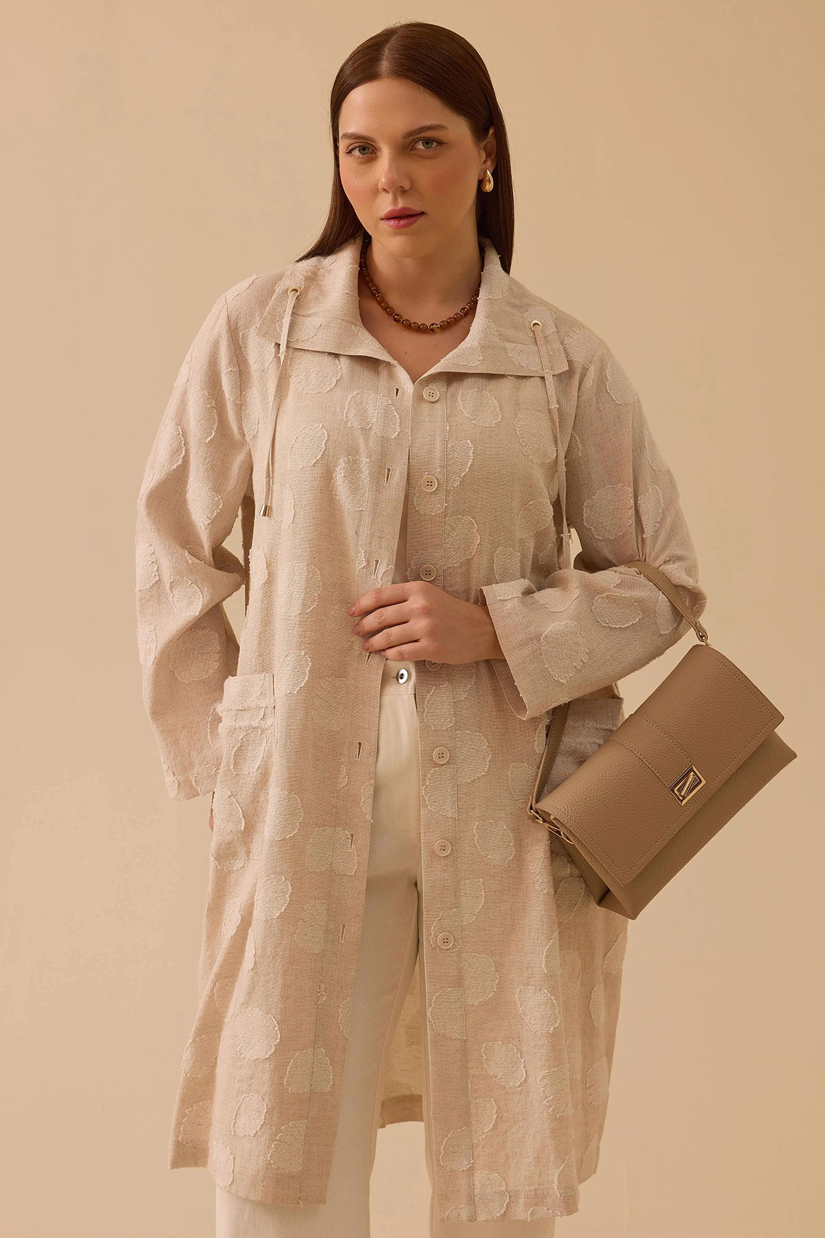 Galaxi Kadın Büyük Beden Devrik Yaka Keten Kap 4009 Bej - 2