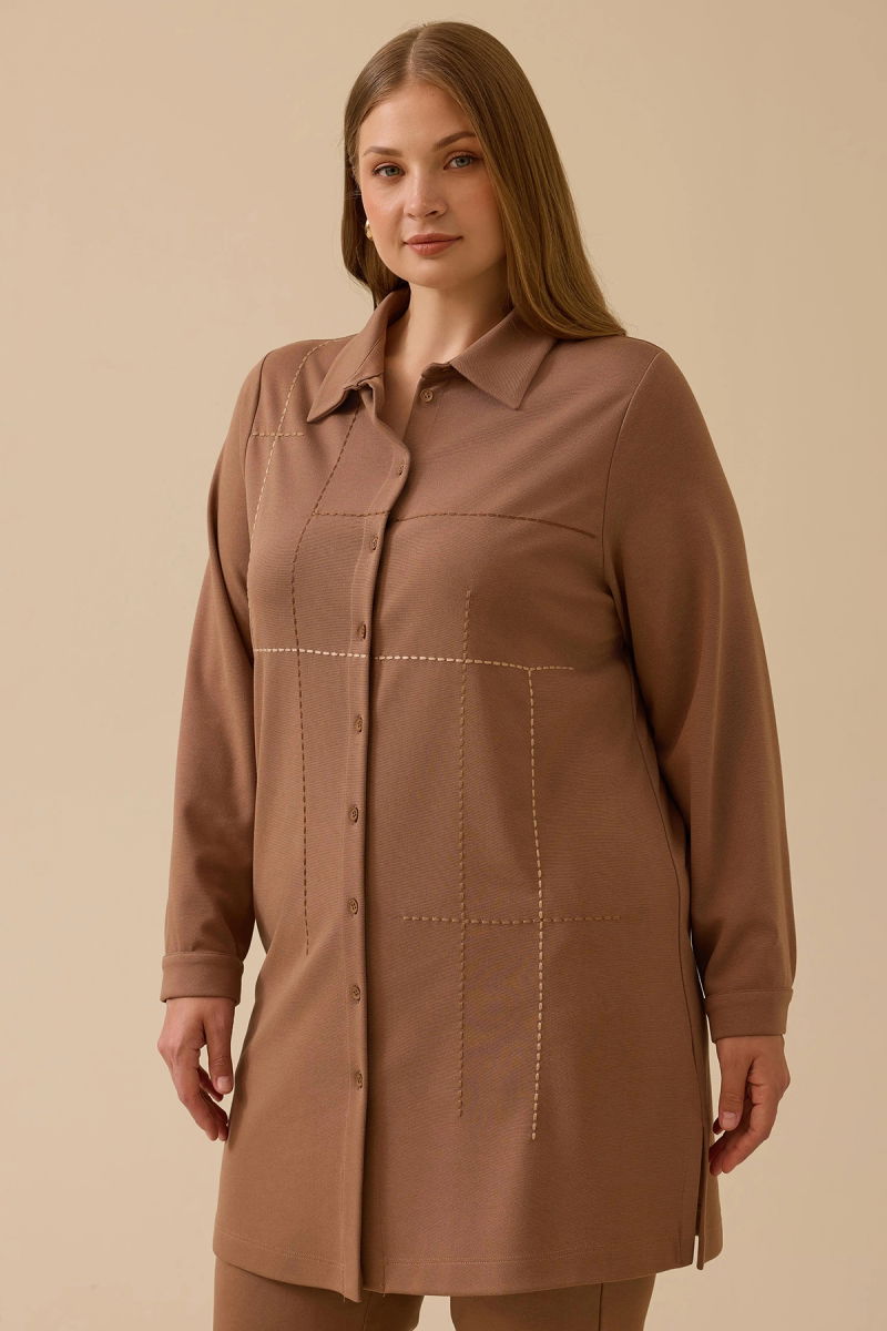 Galaxi Kadın Büyük Beden Dikiş Desenli Tunik 4013 Camel - Galaxi