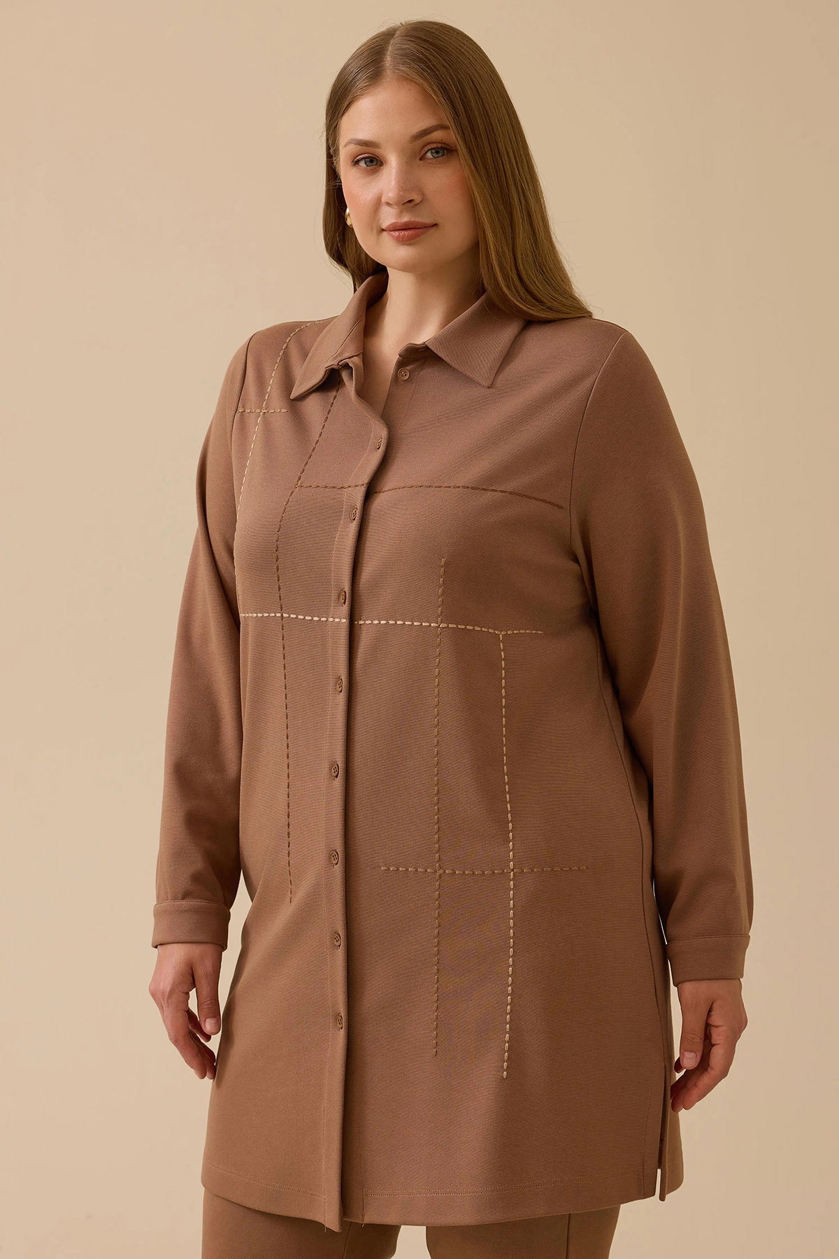 Galaxi Kadın Büyük Beden Dikiş Desenli Tunik 4013 Camel - 1