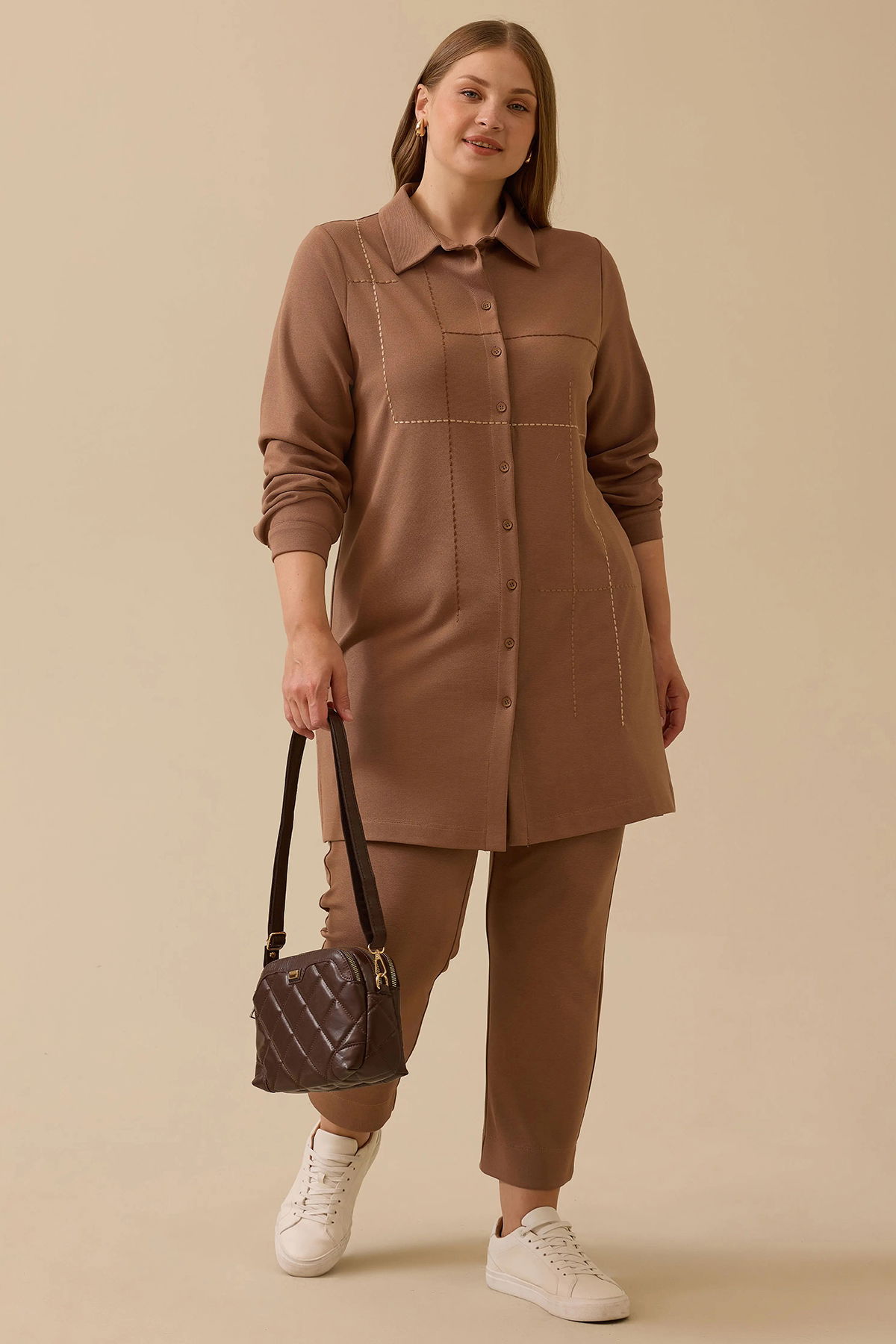 Galaxi Kadın Büyük Beden Dikiş Desenli Tunik 4013 Camel - 2