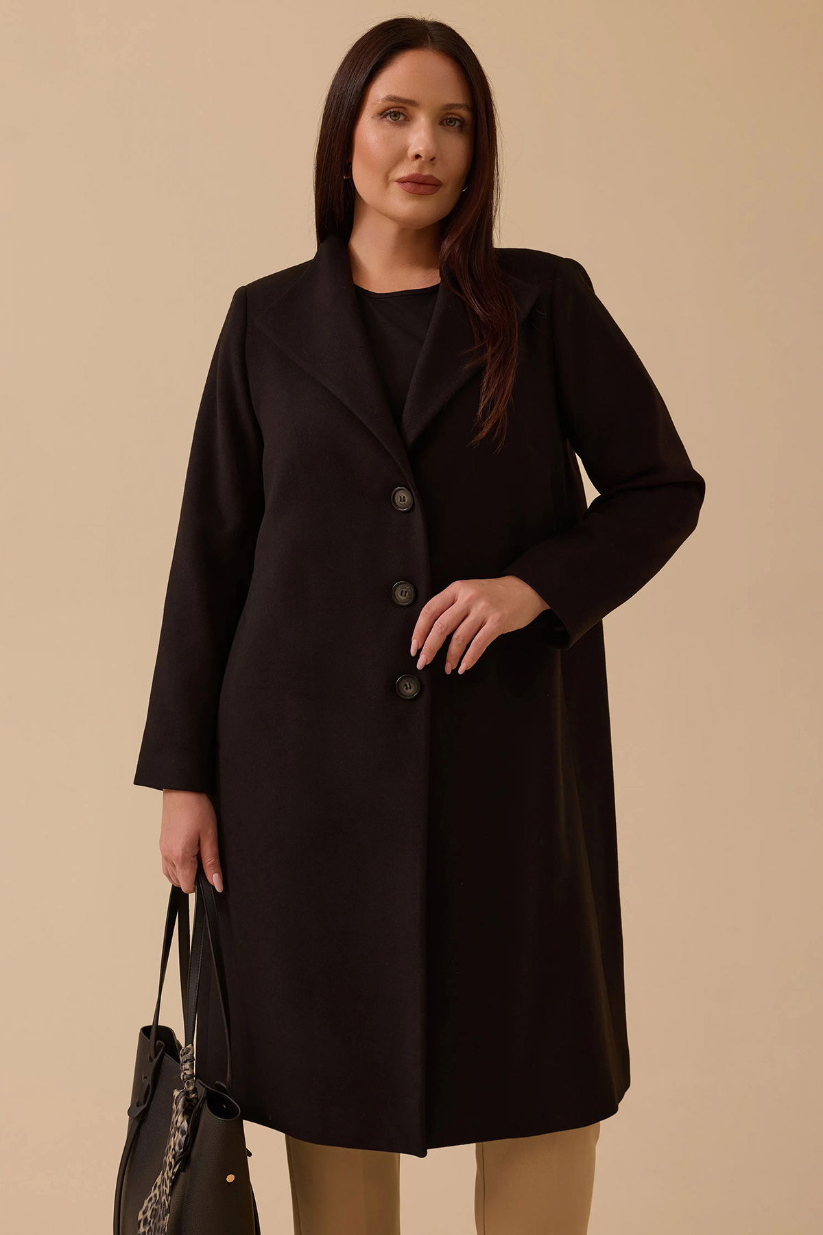 Galaxi Kadın Büyük Beden Düğmeli Kaşe Kaban 4001 Siyah - 2