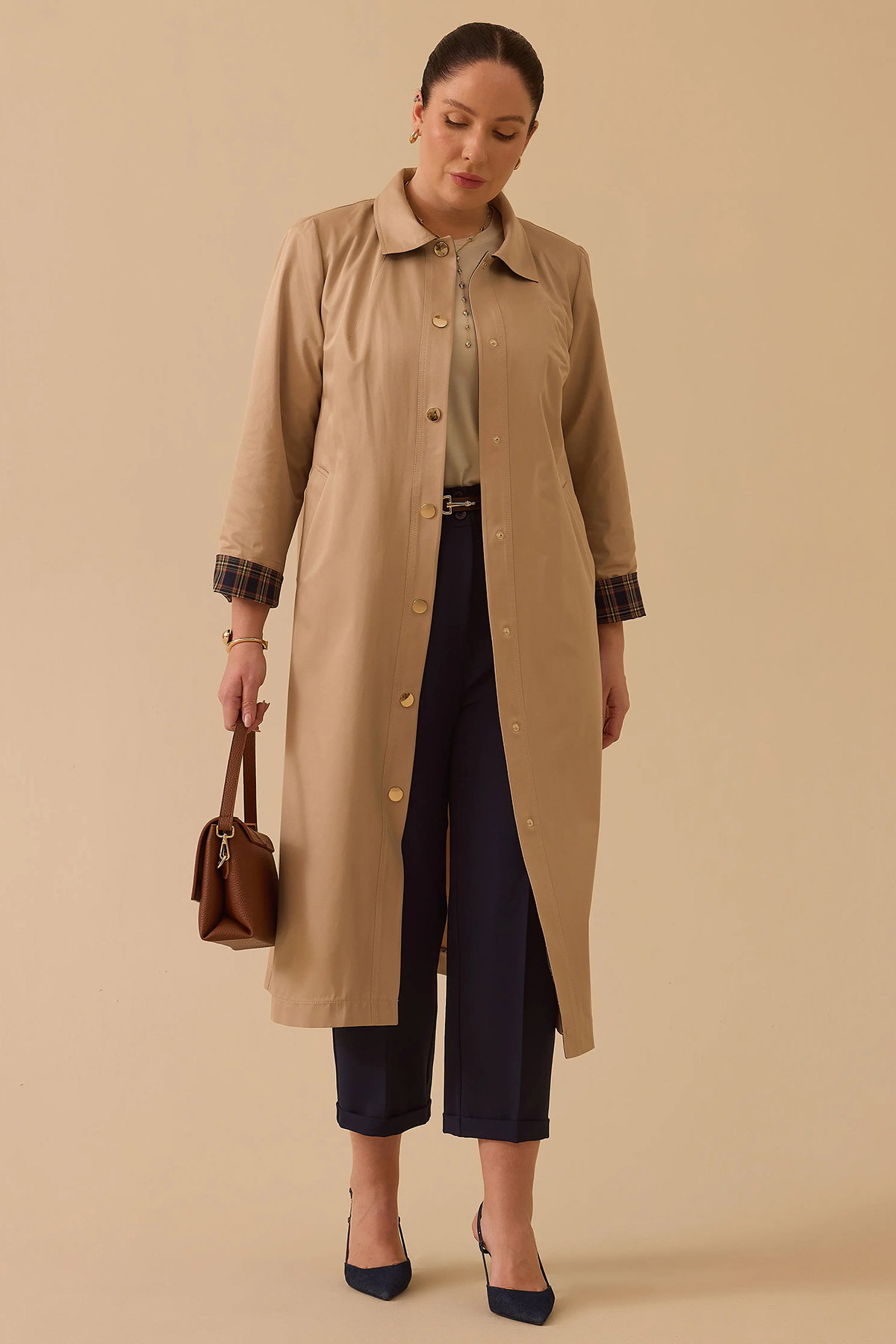 Galaxi Kadın Büyük Beden Ekose Desen Detaylı Trençkot 4002 Bej - 1