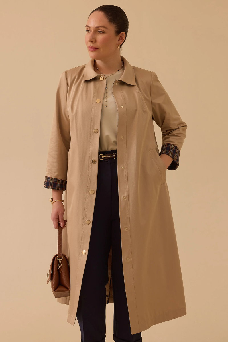 Galaxi Kadın Büyük Beden Ekose Desen Detaylı Trençkot 4002 Bej - 2