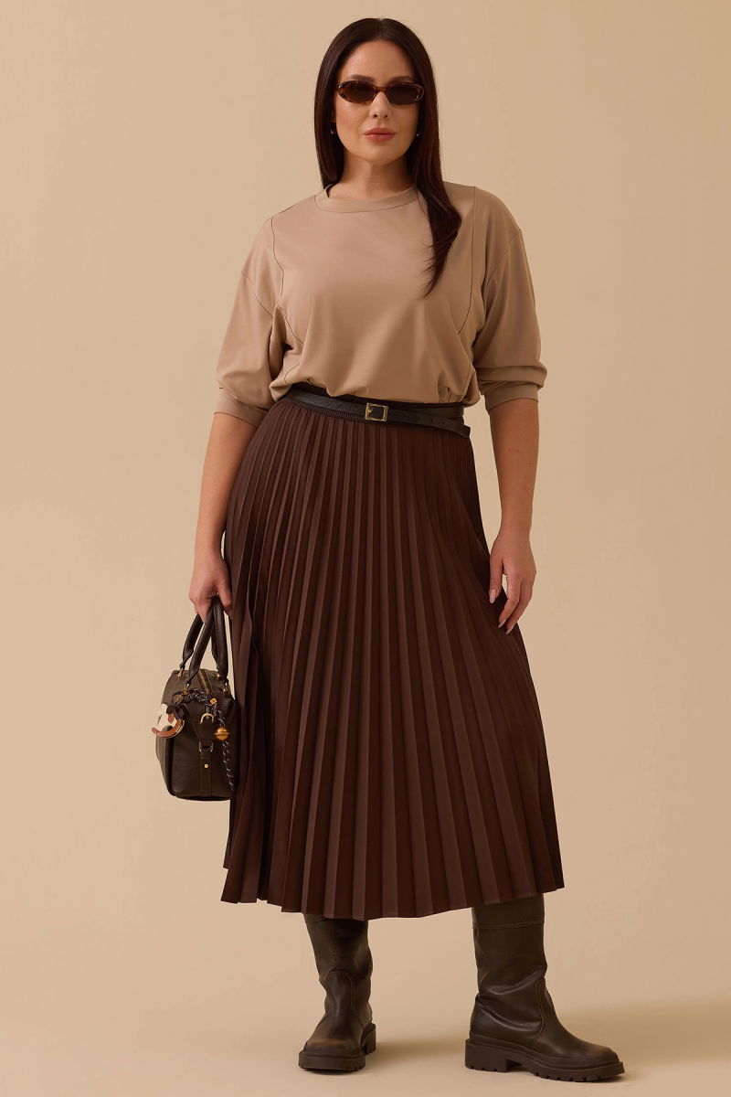 Galaxi Kadın Büyük Beden Esnek Bel Pliseli Basic Etek 4003 Kahverengi - Galaxi