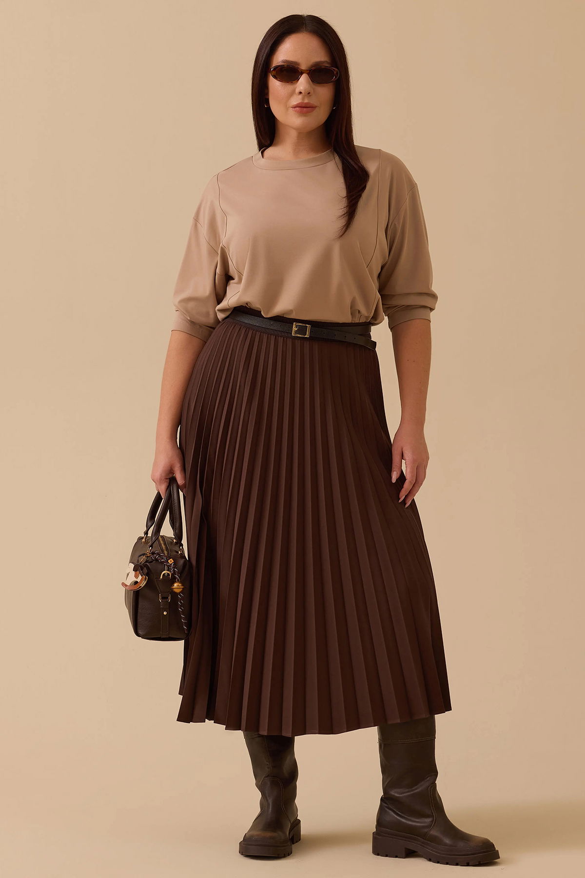 Galaxi Kadın Büyük Beden Esnek Bel Pliseli Basic Etek 4003 Kahverengi - 1