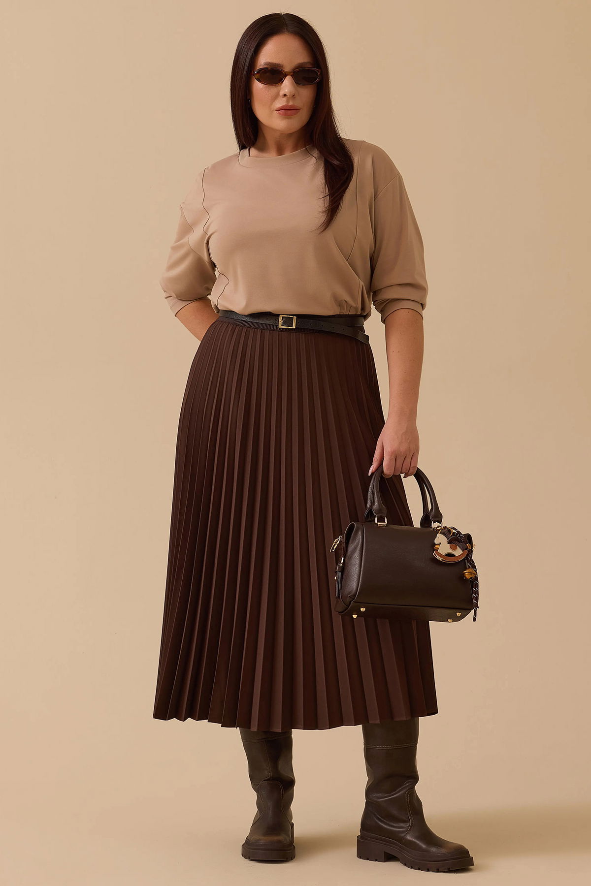 Galaxi Kadın Büyük Beden Esnek Bel Pliseli Basic Etek 4003 Kahverengi - 2