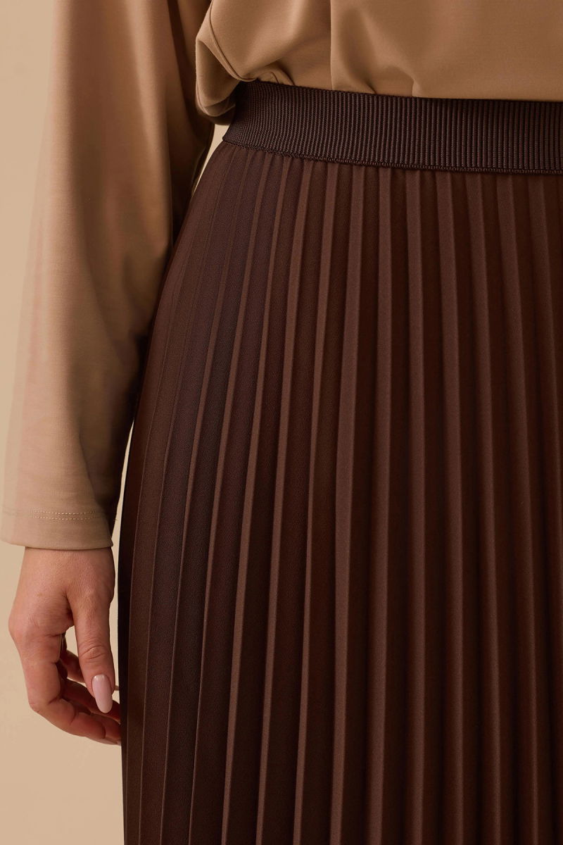 Galaxi Kadın Büyük Beden Esnek Bel Pliseli Basic Etek 4003 Kahverengi - 3