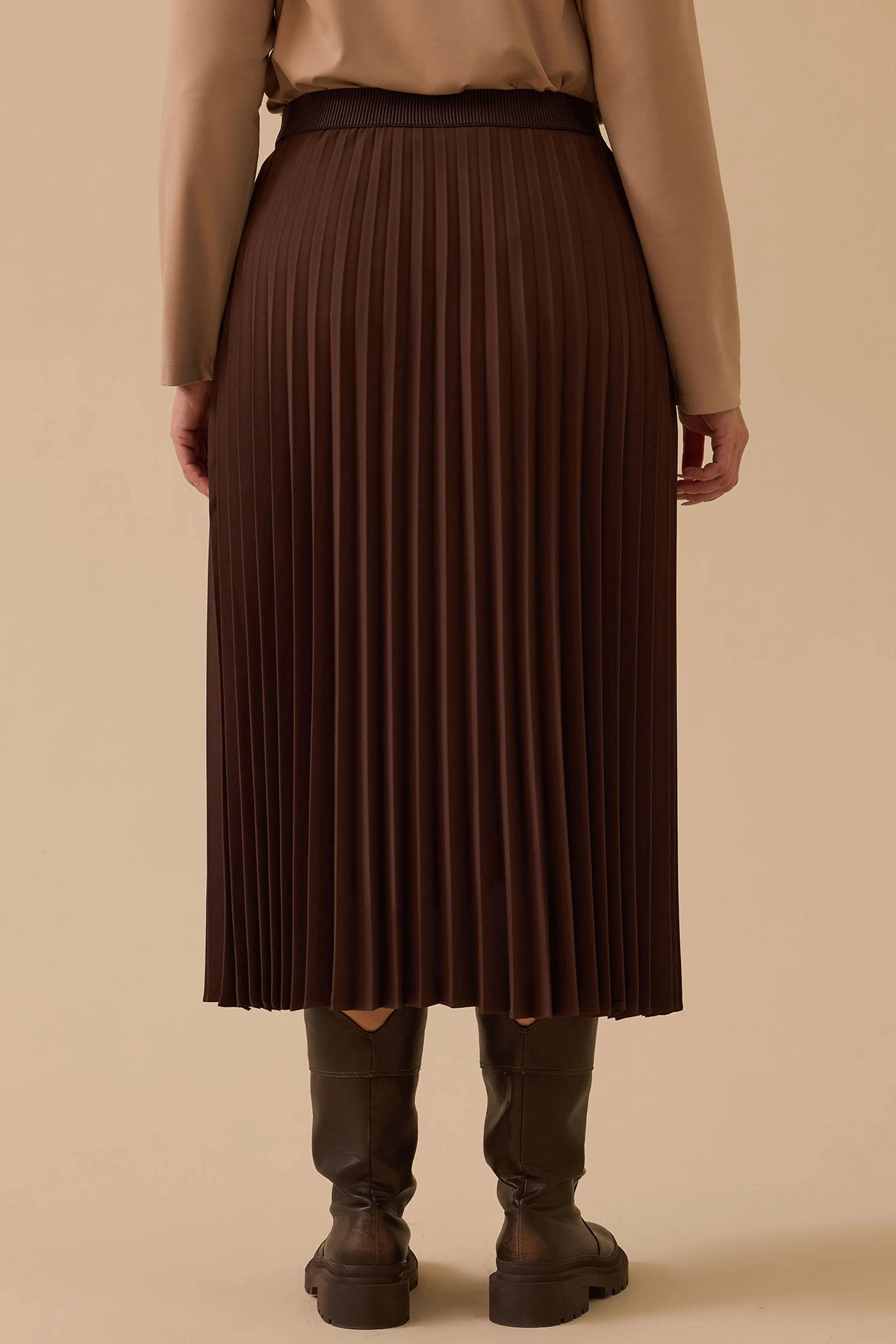 Galaxi Kadın Büyük Beden Esnek Bel Pliseli Basic Etek 4003 Kahverengi - 4
