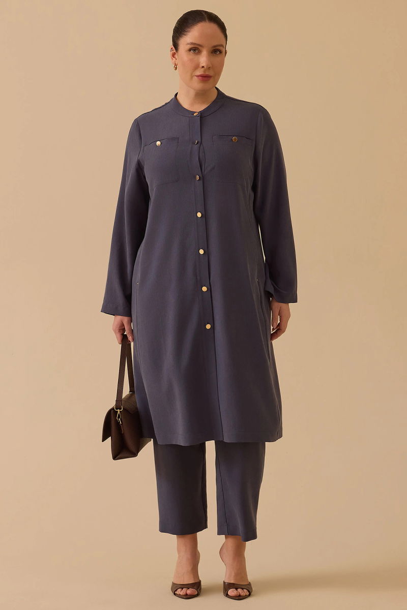 Galaxi Kadın Büyük Beden Hakim Yaka Uzun Kap 4003 Indigo - Galaxi