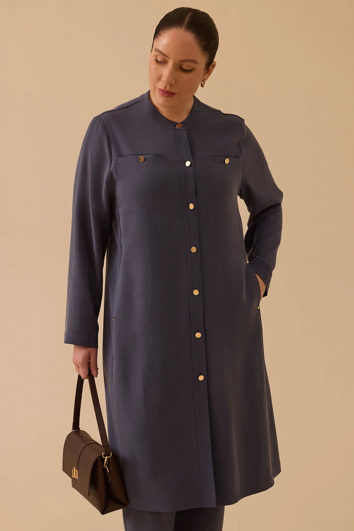 Galaxi Kadın Büyük Beden Hakim Yaka Uzun Kap 4003 Indigo - 2