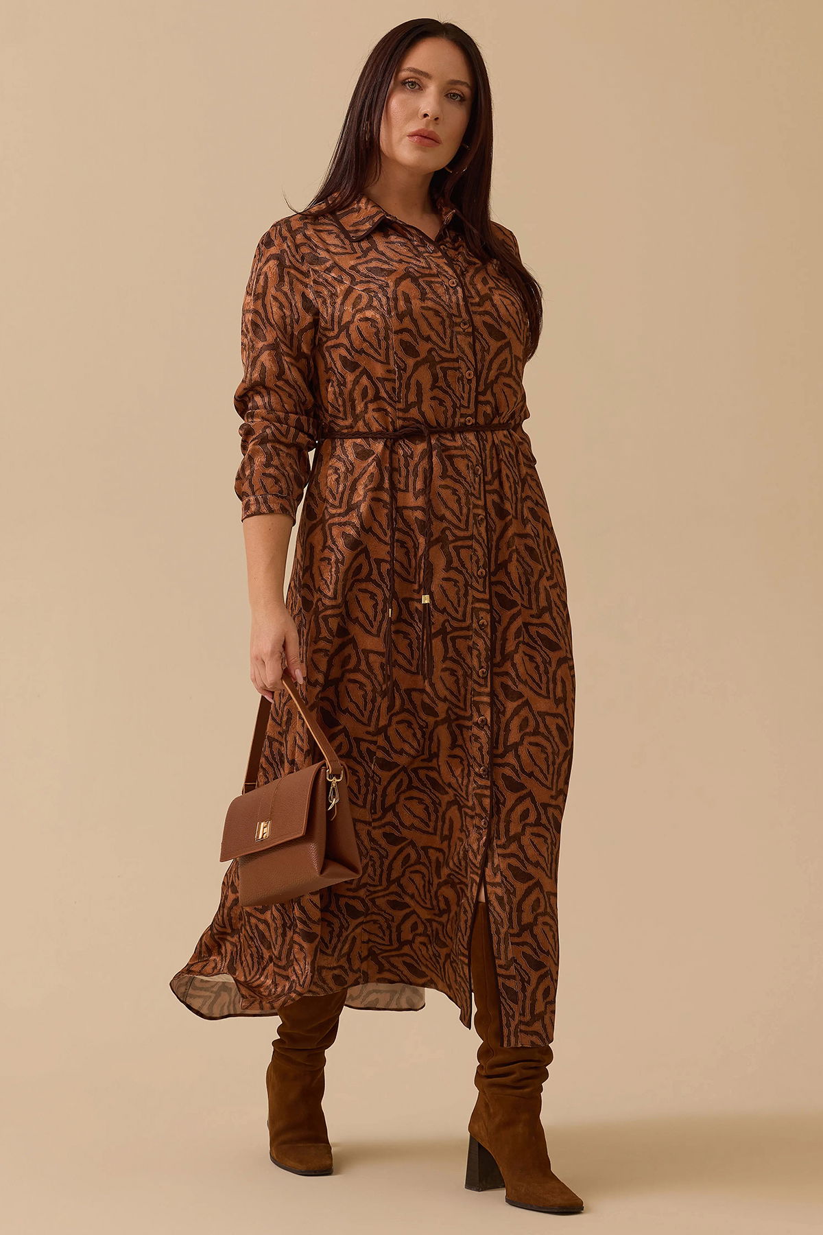 Galaxi Kadın Büyük Beden Kuşaklı Desenli Elbise 4011 Kahverengi - 1