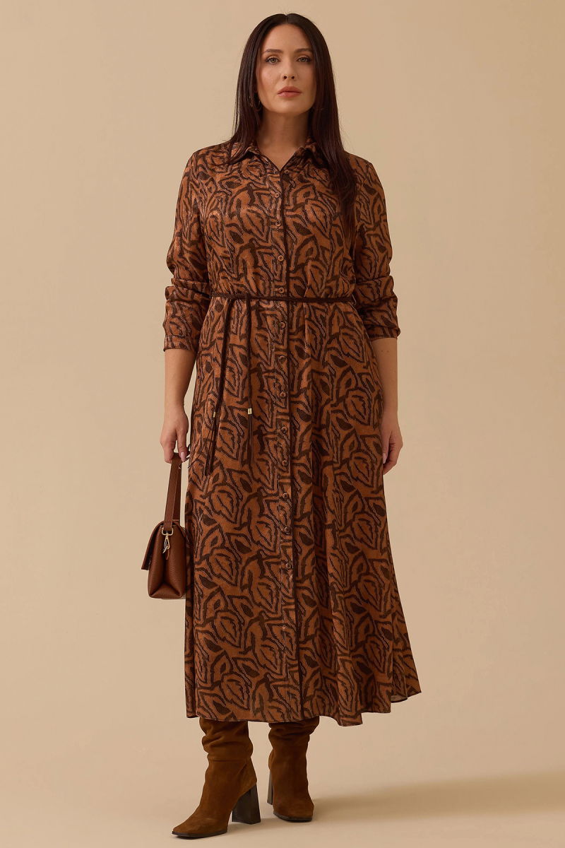 Galaxi Kadın Büyük Beden Kuşaklı Desenli Elbise 4011 Kahverengi - 2