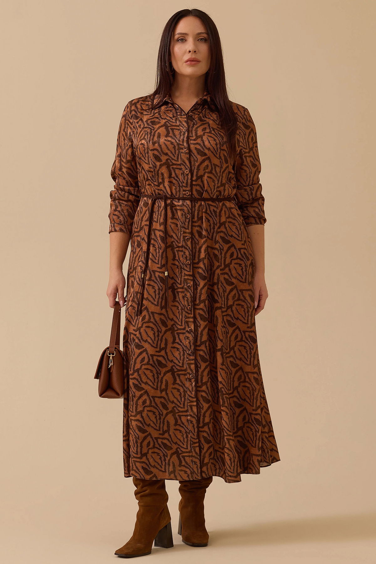 Galaxi Kadın Büyük Beden Kuşaklı Desenli Elbise 4011 Kahverengi - 2