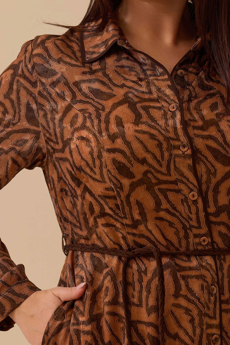 Galaxi Kadın Büyük Beden Kuşaklı Desenli Elbise 4011 Kahverengi - 3