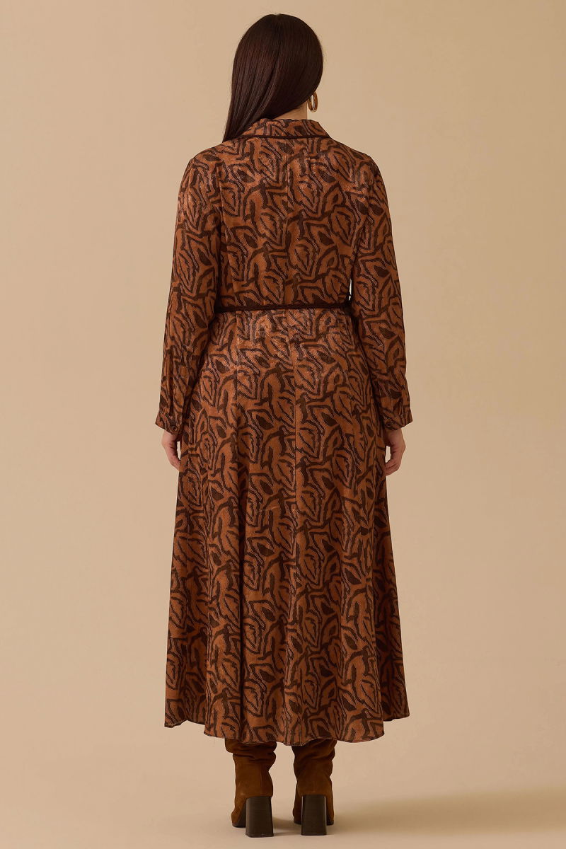 Galaxi Kadın Büyük Beden Kuşaklı Desenli Elbise 4011 Kahverengi - 4