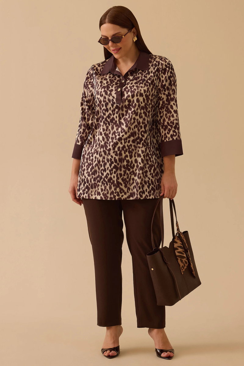Galaxi Kadın Büyük Beden Leopar Desenli Saten Tunik 4007 Kahverengi - 2