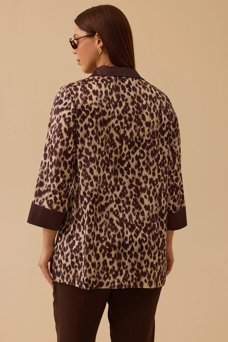 Galaxi Kadın Büyük Beden Leopar Desenli Saten Tunik 4007 Kahverengi - 4