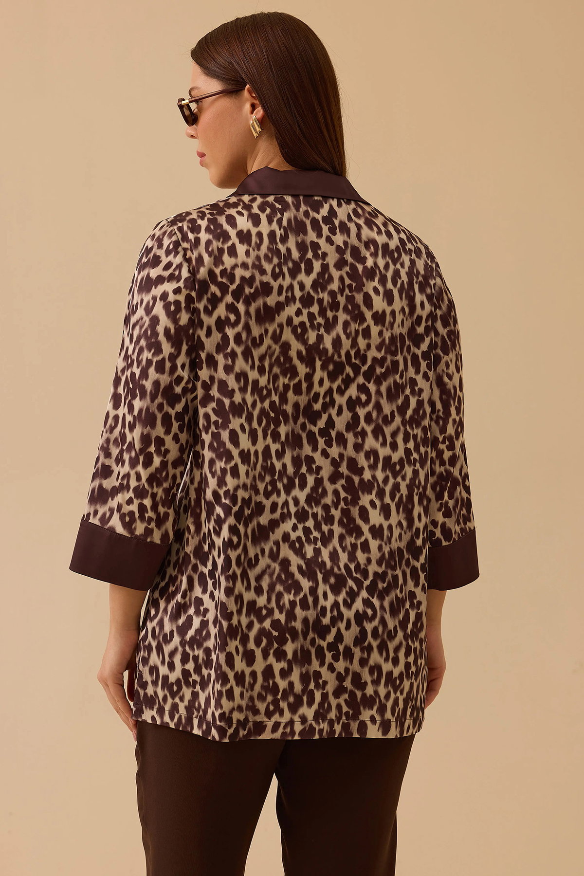 Galaxi Kadın Büyük Beden Leopar Desenli Saten Tunik 4007 Kahverengi - 4