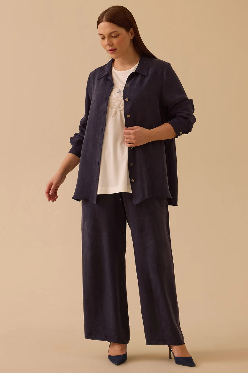 Galaxi Kadın Büyük Beden Lyocell Karışımlı Parlak Dokulu Gömlek 4015 Lacivert - 2