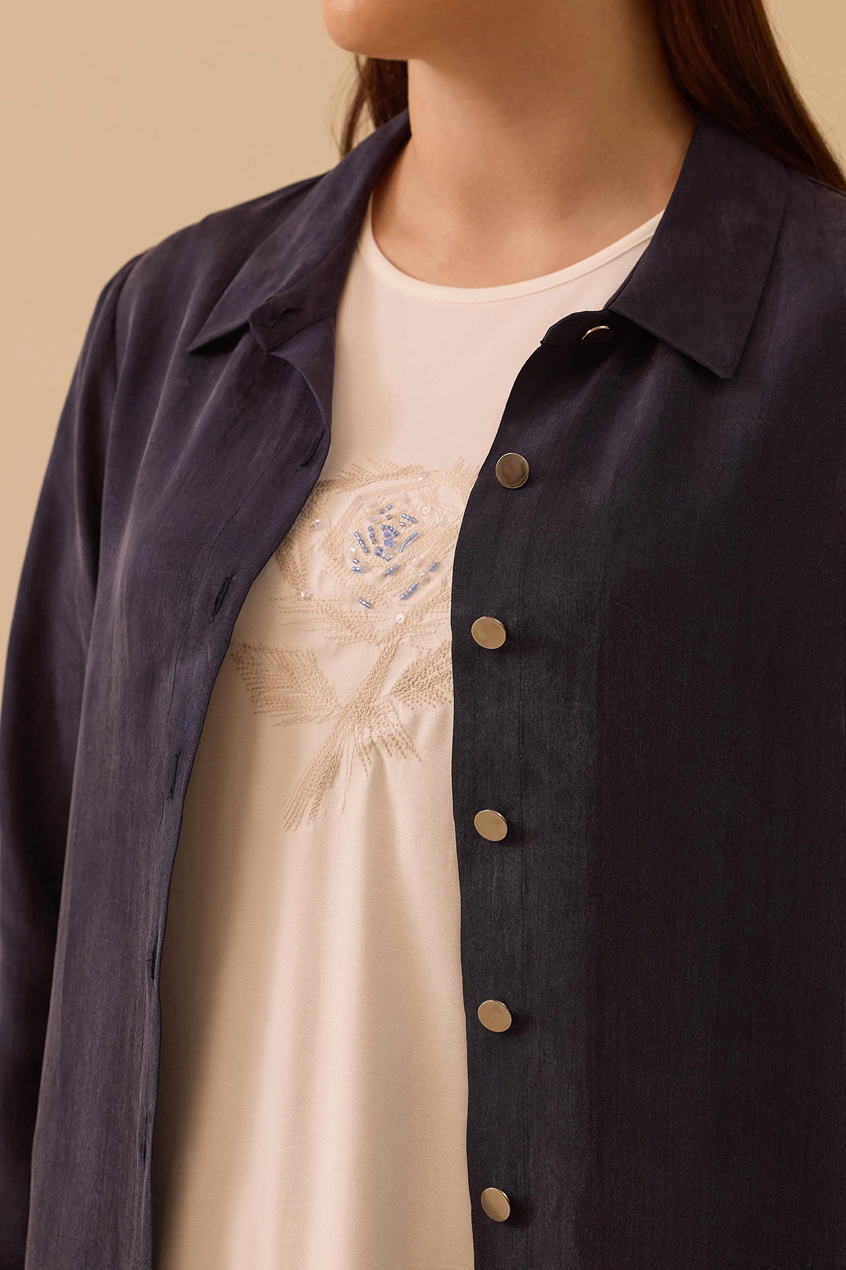 Galaxi Kadın Büyük Beden Lyocell Karışımlı Parlak Dokulu Gömlek 4015 Lacivert - 3